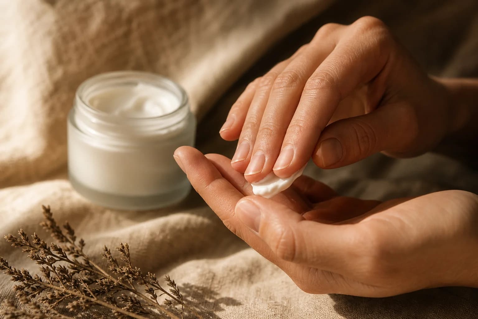 Cream pressed between fingertips on a warm apothecary counter