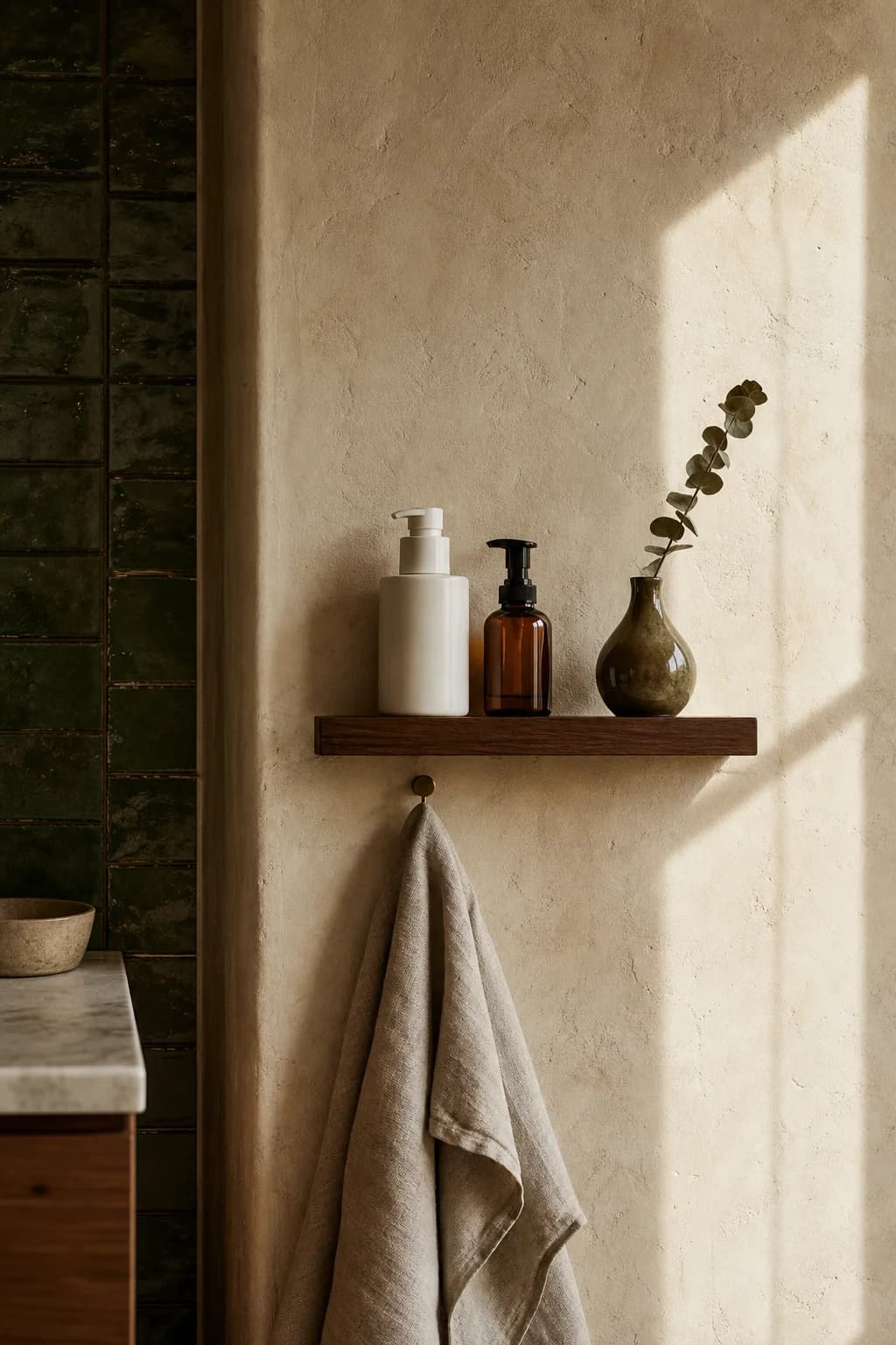 A slim walnut shelf holding two skincare bottles in morning light