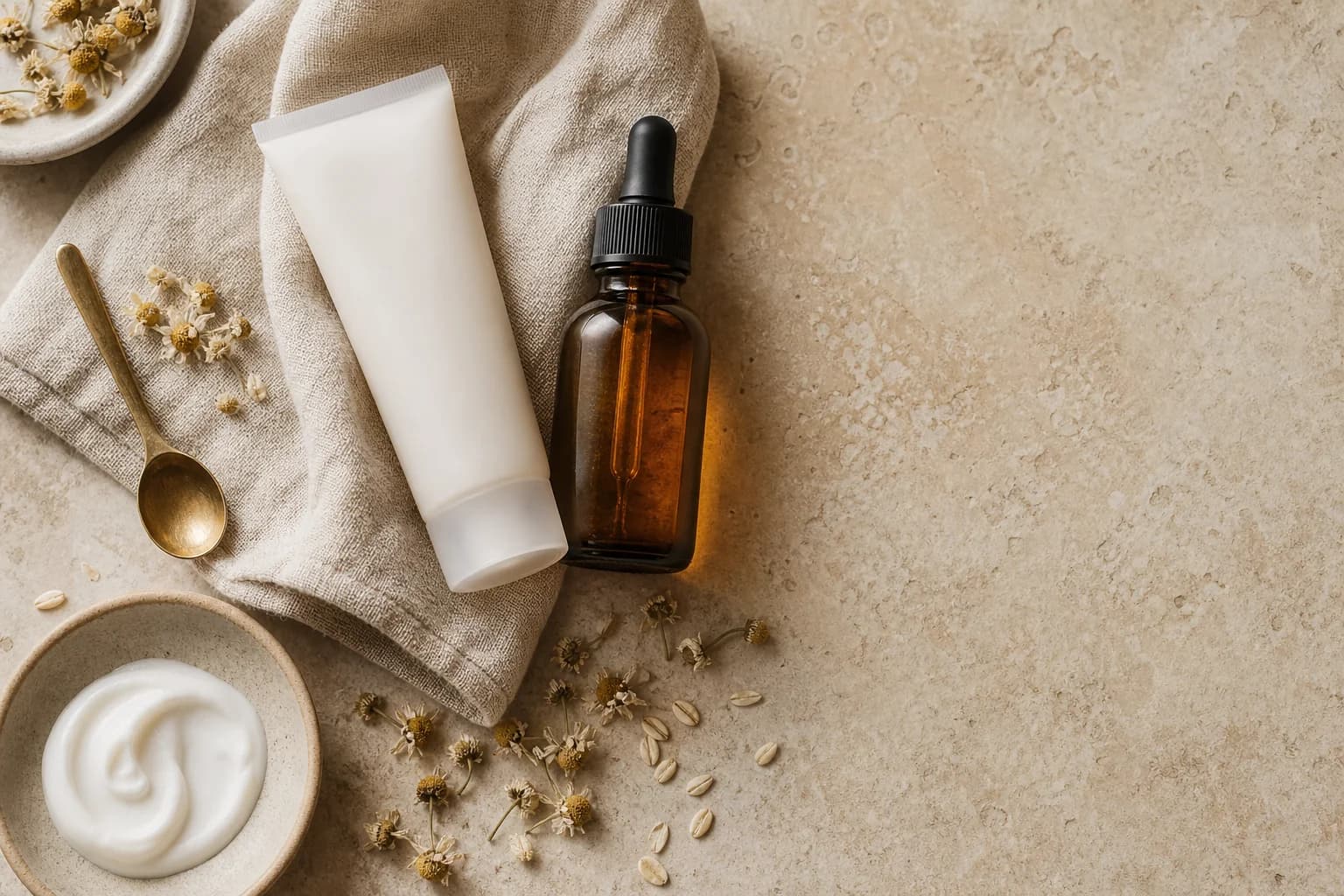 Apothecary counter with linen, botanicals and cream